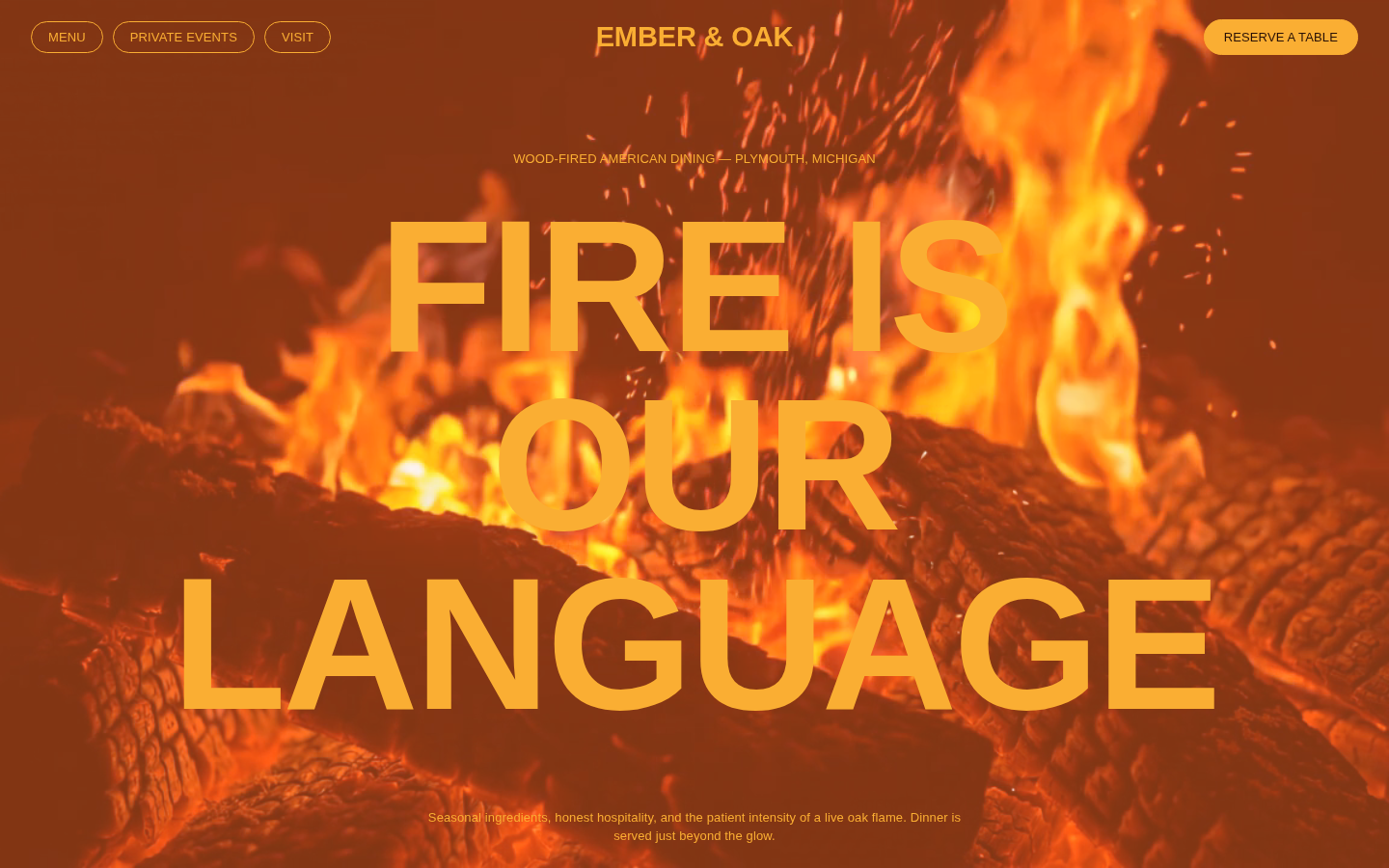 Ember and Oak landing page preview with a dark dining-room palette and glowing ember illustration
