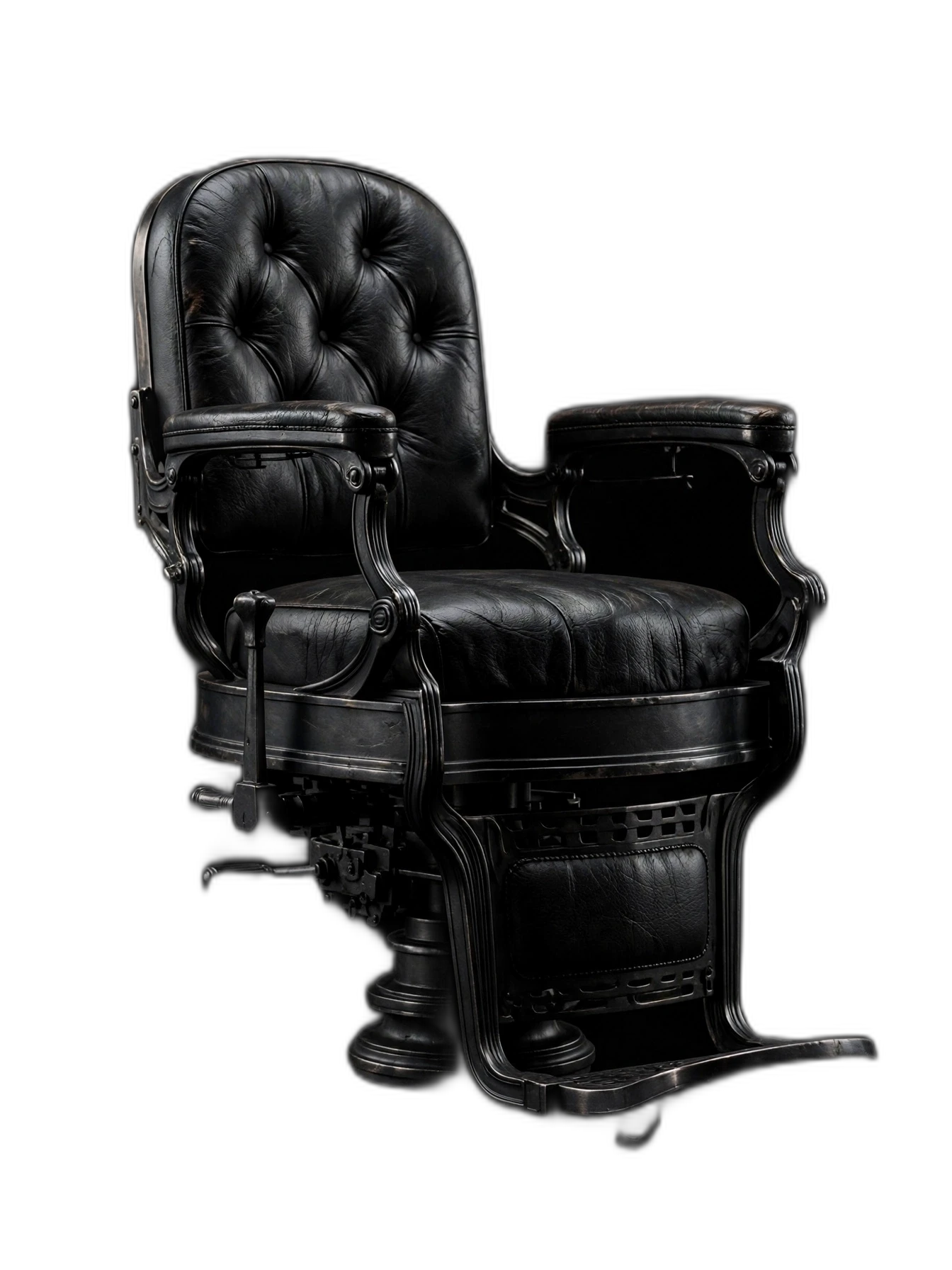 Black barber chair floating in a dark void