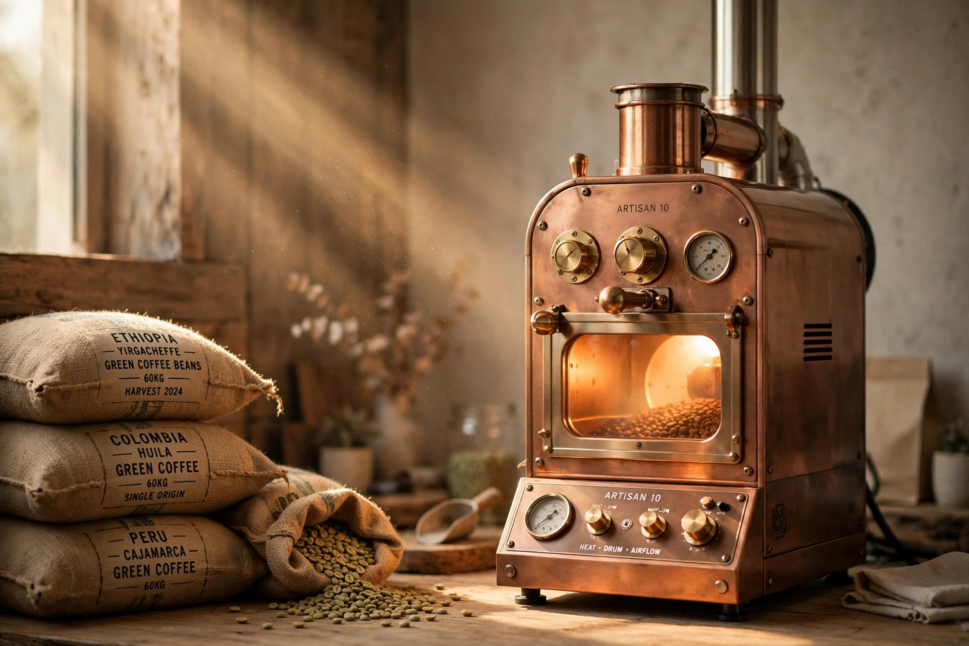Copper coffee roaster glowing warm beside burlap sacks of green coffee