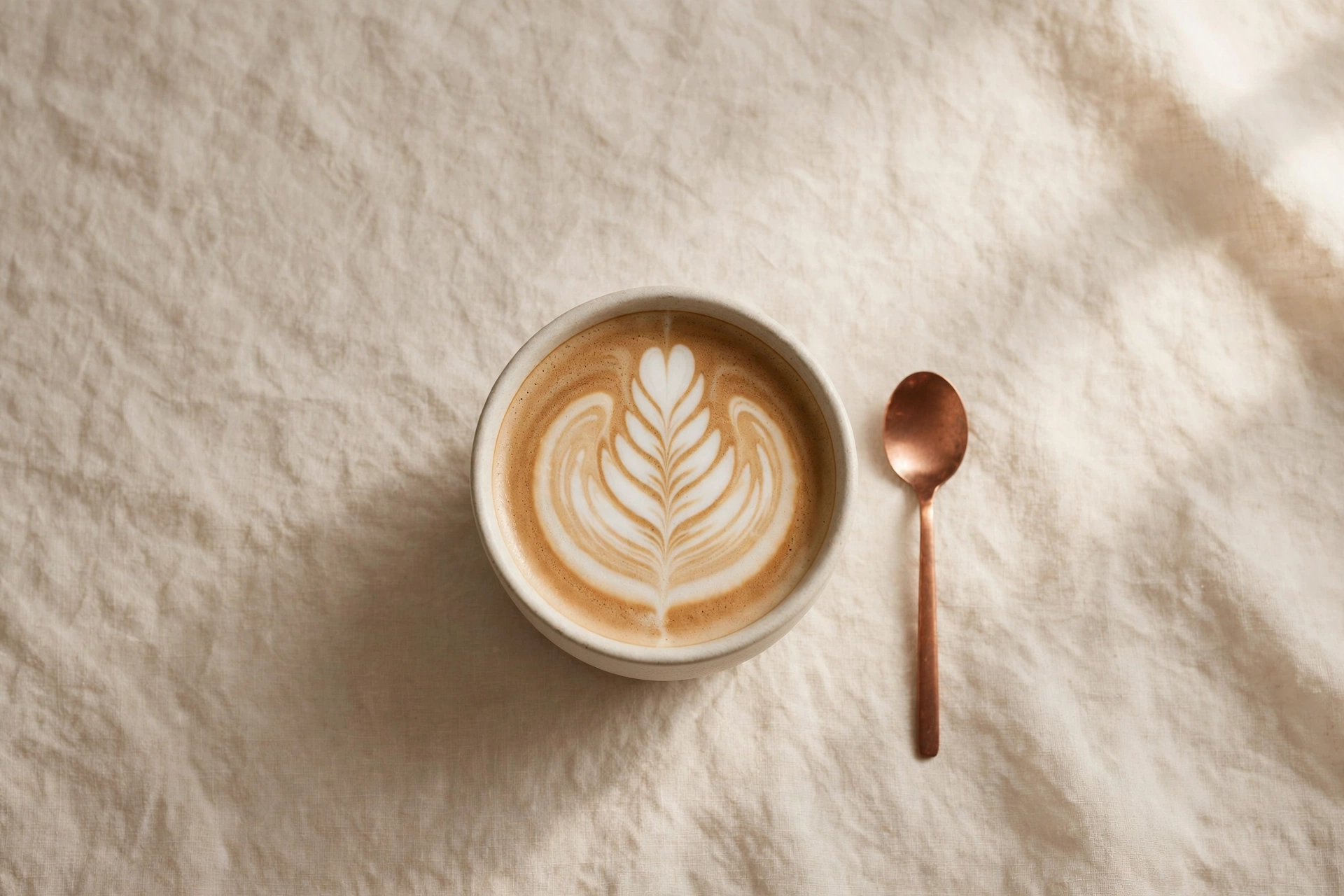 Flat white with rosetta latte art and a copper spoon