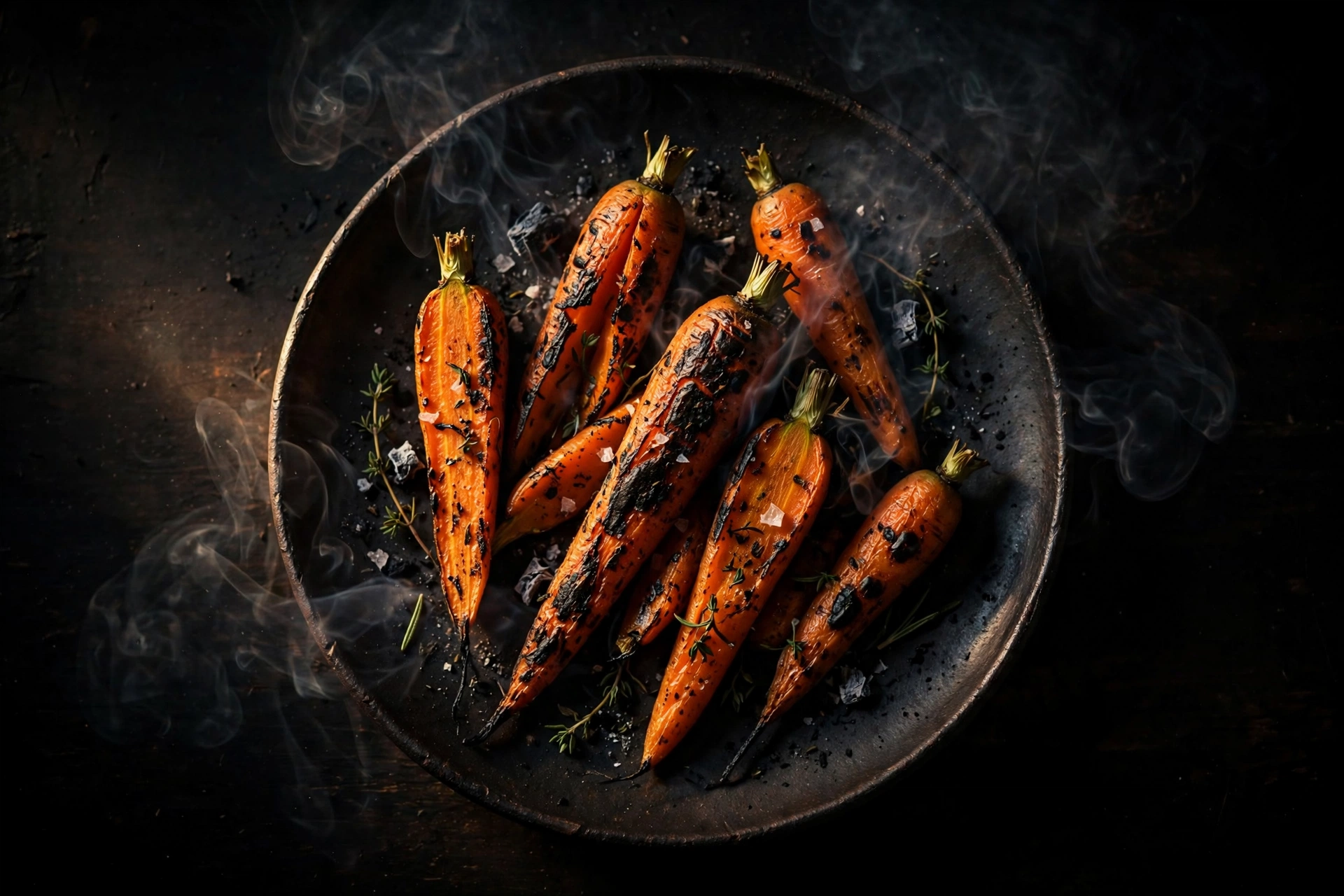 Ember-roasted carrots with char and smoke on a dark plate