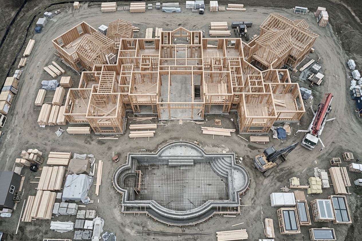 Aerial view of a luxury home under construction with exposed studs and a rebarred pool in the backyard